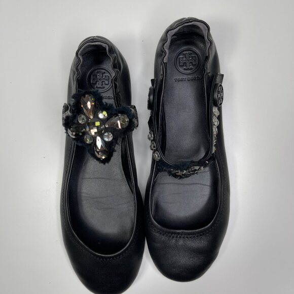 Tory Burch Minnie Embellished Black Nappa Leather Two Way Ballet Flats US Size 8 - Picture 5 of 13